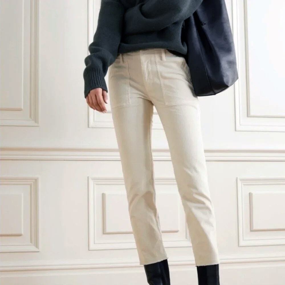 Nili Lotan Jenna Pant Winter White Corduroy Cropped Slim Tapered Trouser SZ 2